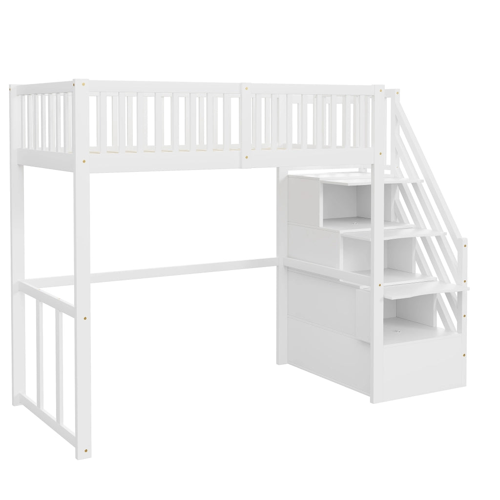 Letto a soppalco 90x200 cm in legno bianco con scala contenitore