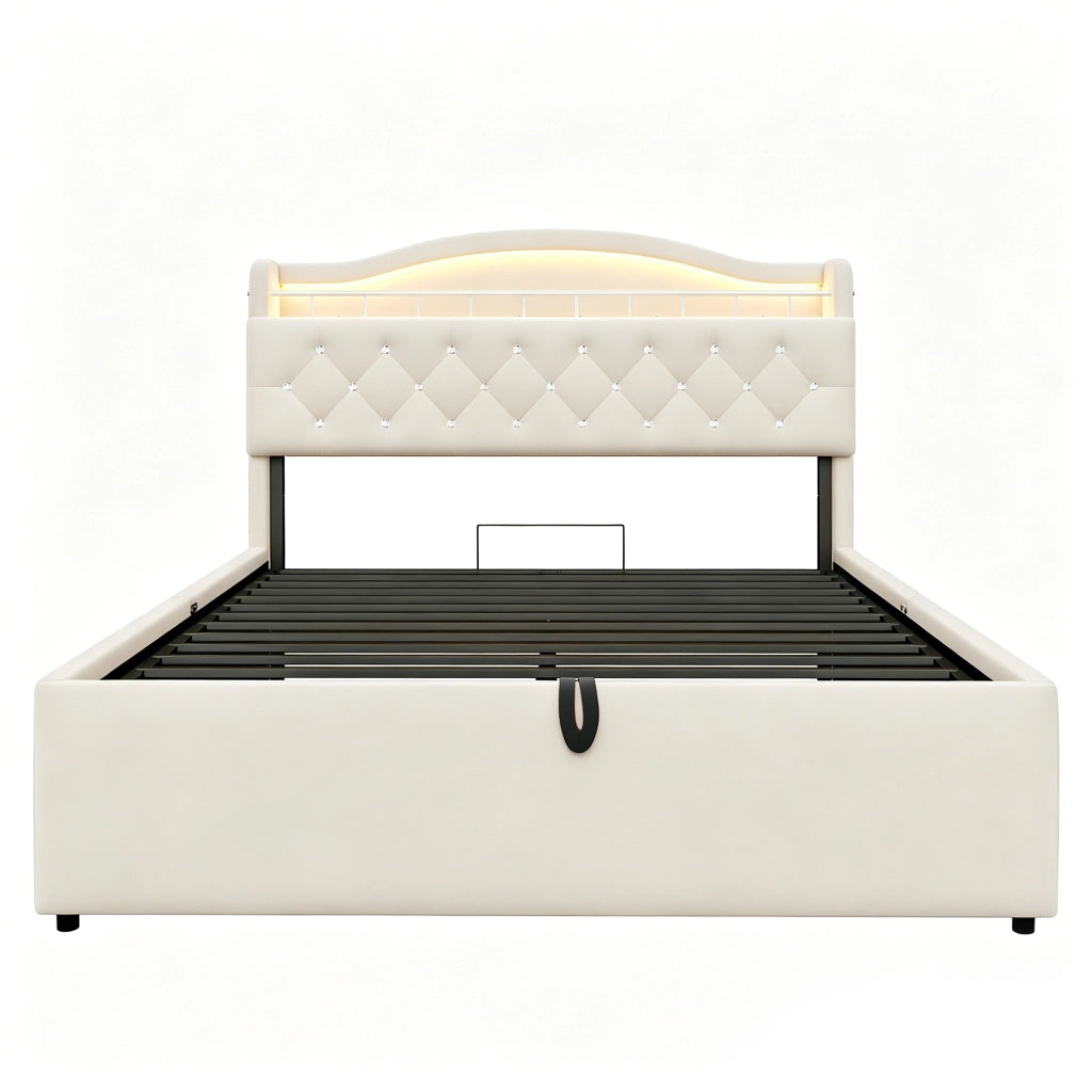 Letto imbottito beige 140x200 cm con contenitore idraulico; LED; USB e USB-C