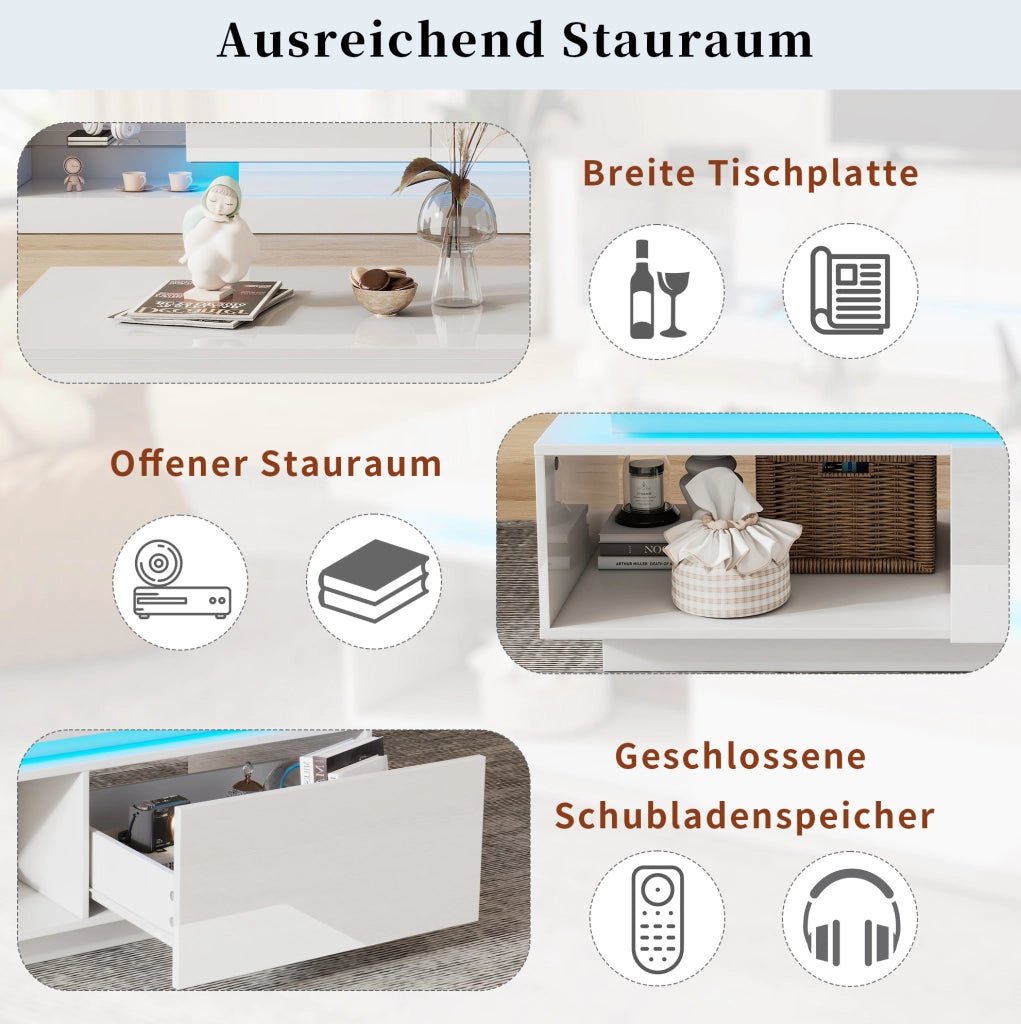 Tavolino da salotto lucido con LED e cassetto