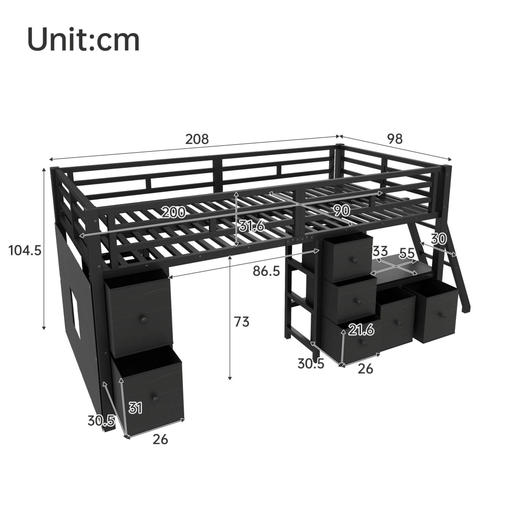 Letto semialto 90x200 cm in metallo nero con LED e contenitore per bambini -