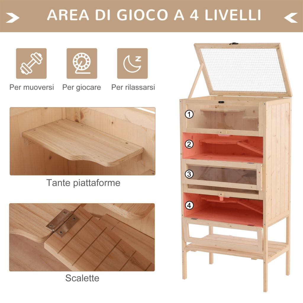 Gabbia per Criceti e Porcellini d'India in Legno Massello con Ripiani e Rampe ¨C zephmum ¨C 60x40x120cm