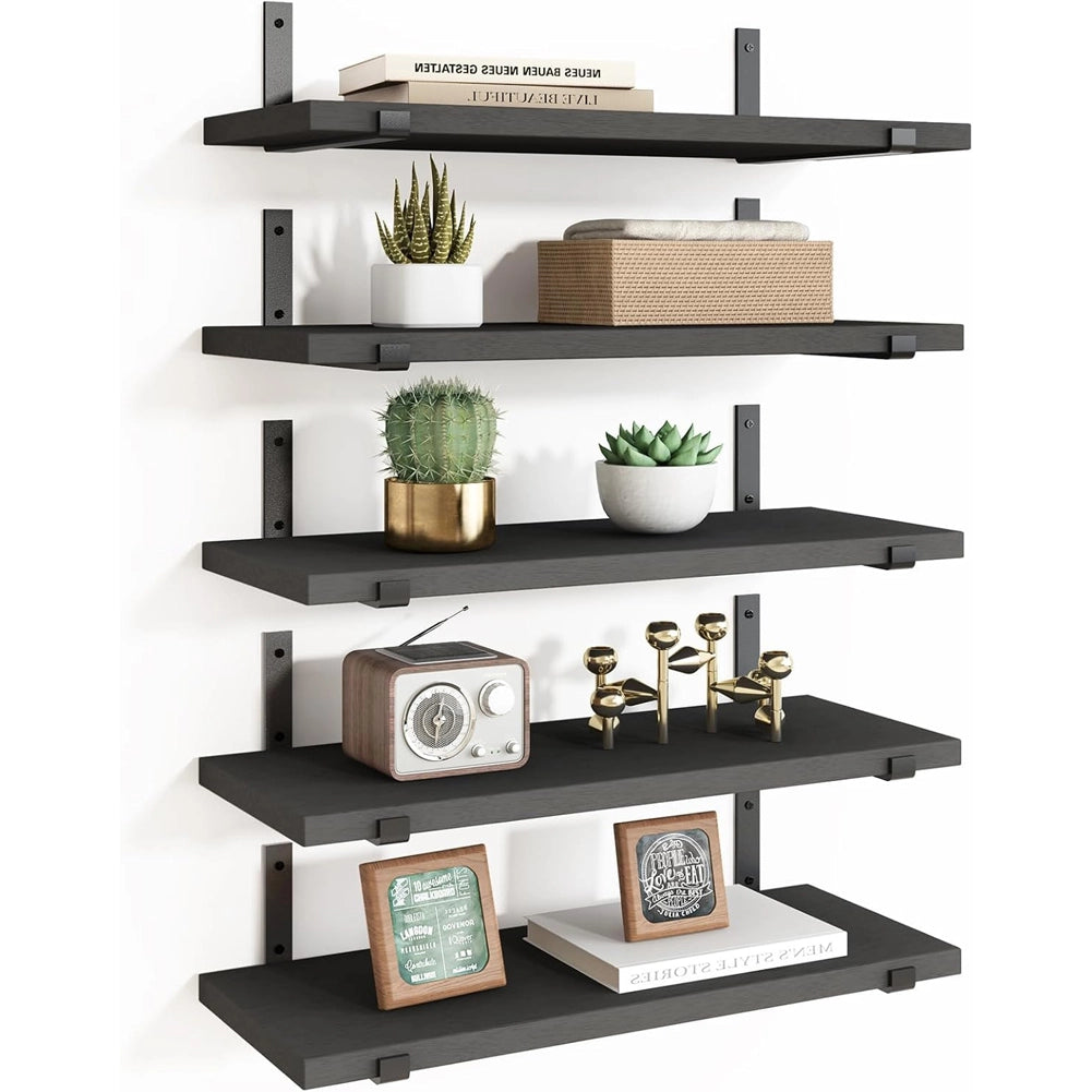 Set 5 Mensole da Parete Nero Scaffali da Muro con Staffe in Metallo 40x12 cm