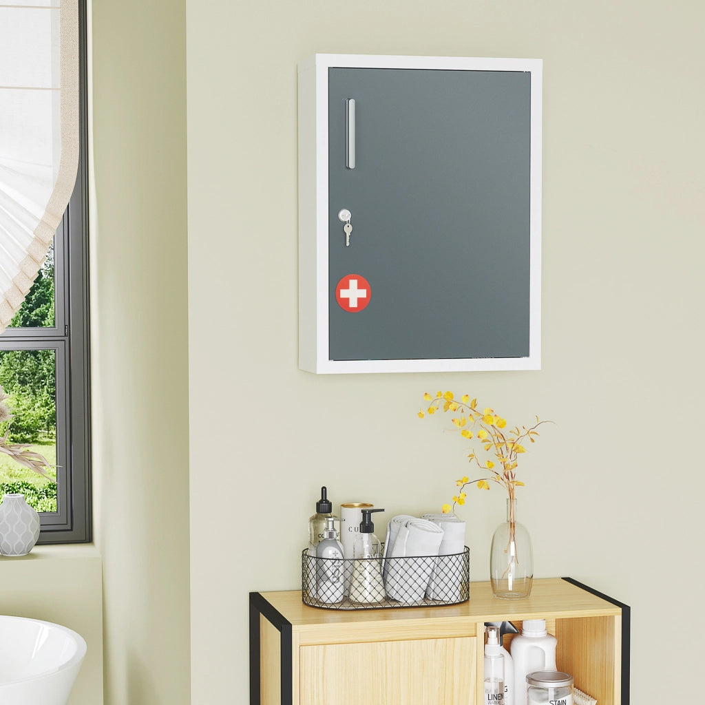 Easycomfort Armadietto Medicinali con 3 Ripiani e Blocco con Chiavi in Acciaio, 40x15x53.5cm, Bianco e Grigio