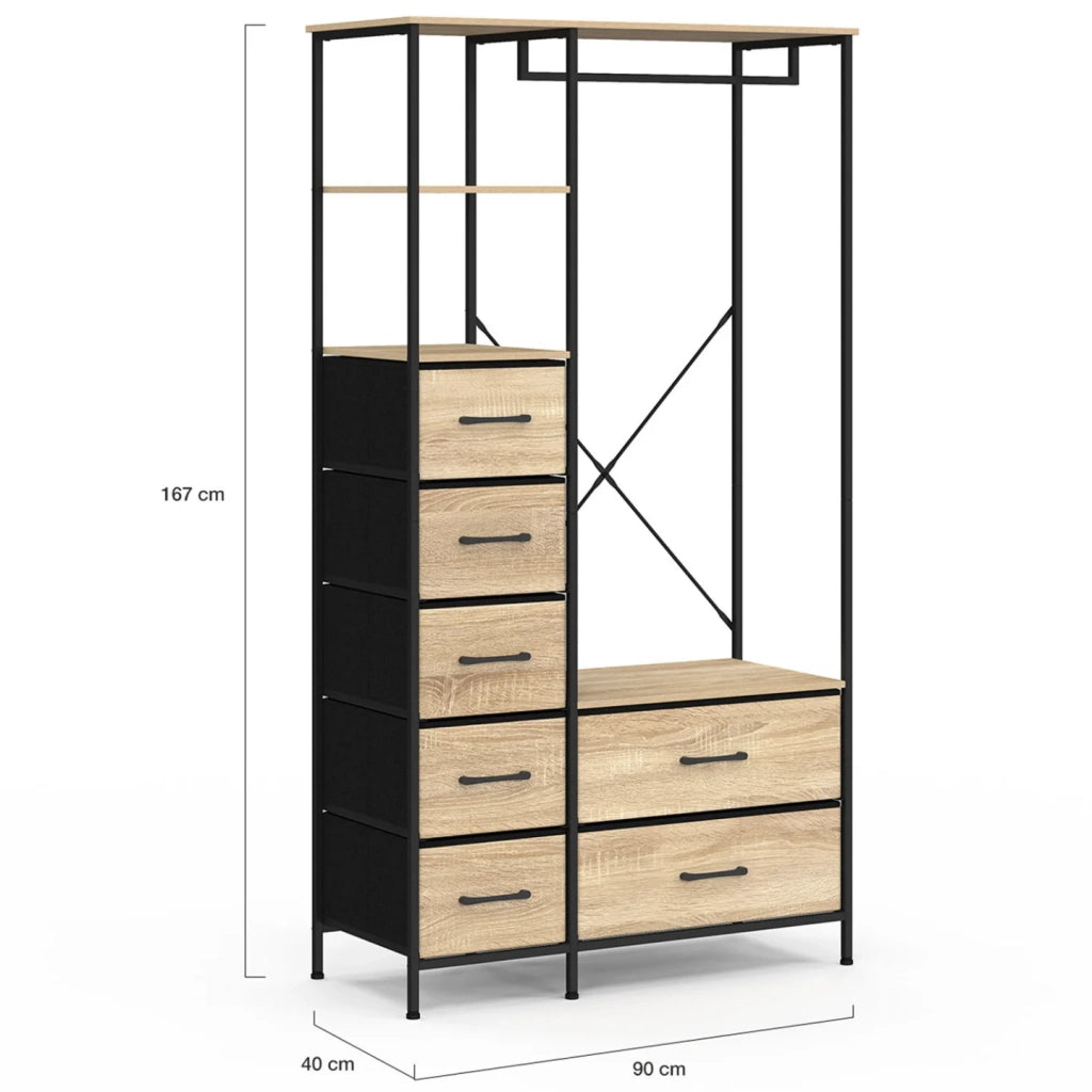 IDMarket - Armadio + colonna UTAH L. 90 cm con 2 ripiani e 7 cestini in legno e tessuto nero