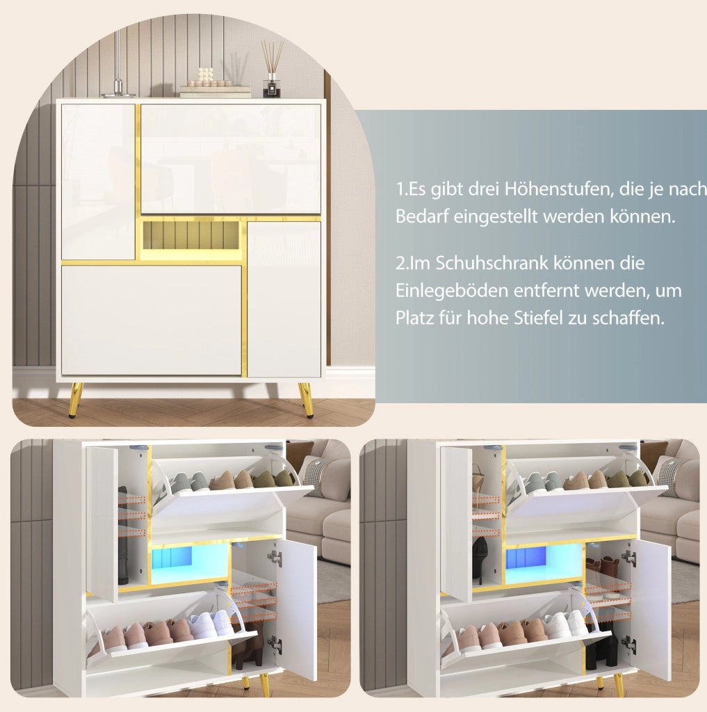 Scarpiera moderna bianca 80x25x96 cm con ante lucide; ripiani regolabili e LED multicolore