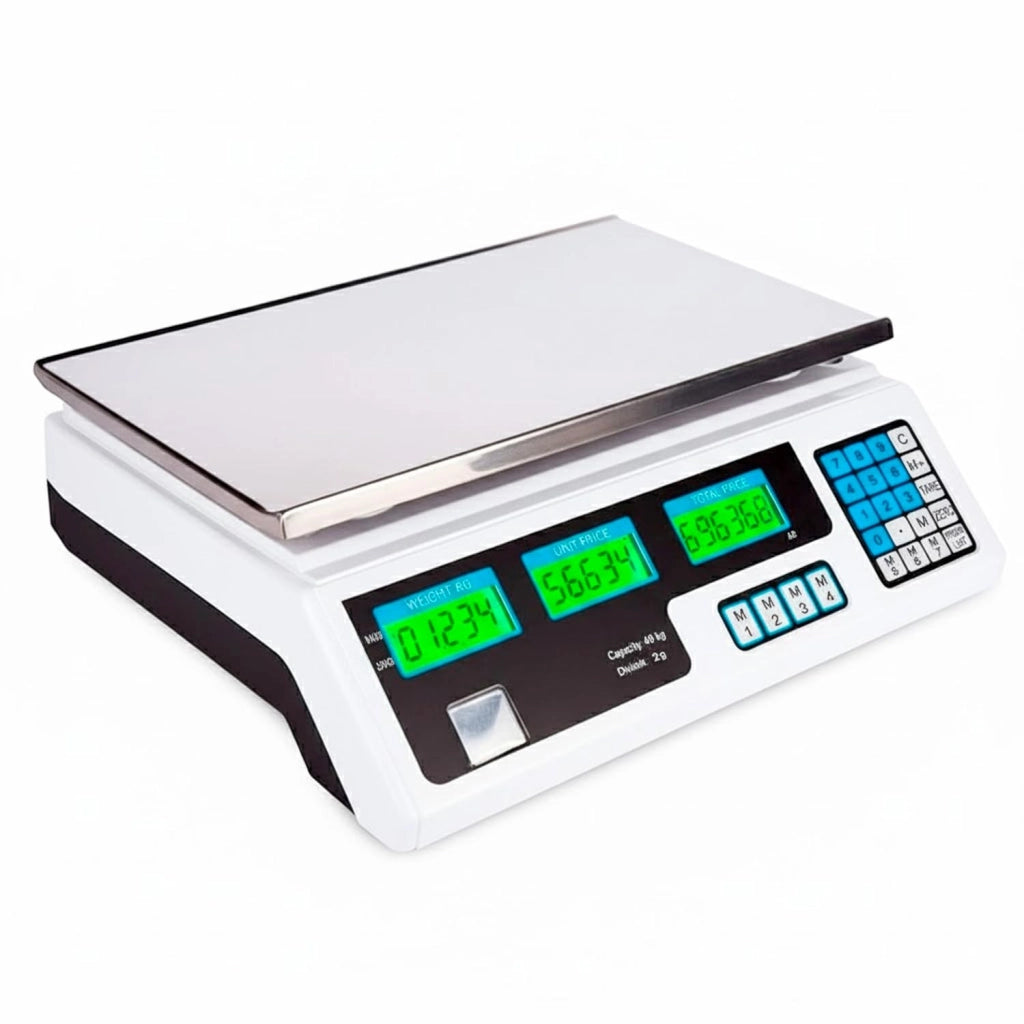 Bilancia Elettronica Digitale Professionale Fino A 40 kg Con Piatto in Acciaio Inox Precisione 2 g Triplo Display Tara/Zero, Memorie Prezzo Elettrica o Batteria 34 x 33 x 11.3 cm Nero