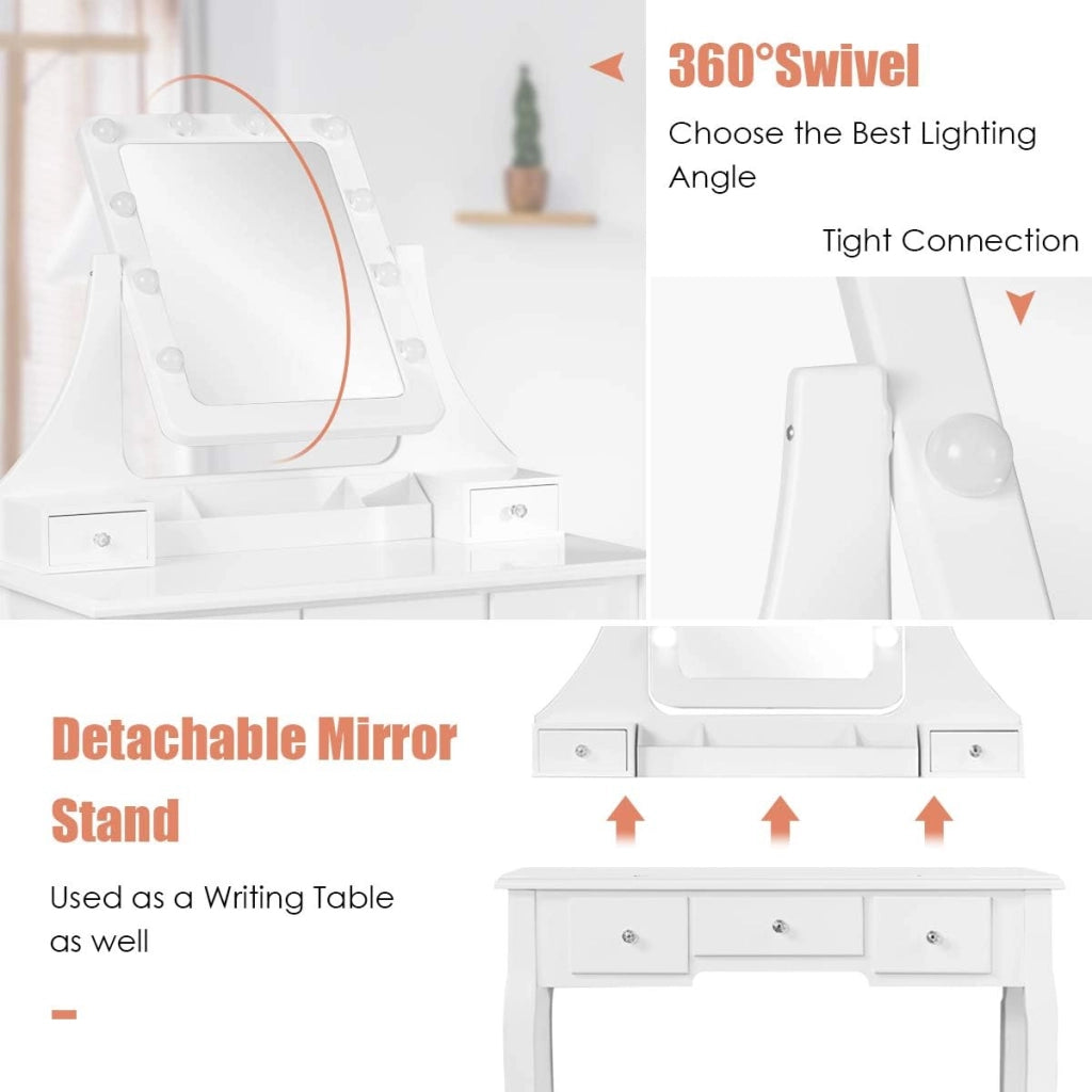 Mobile Trucco in Legno, 2 in 1 Set di Tavolo Cosmetici con Sgabello Imbottito, Specchio Rimovibile Girevole 360°, 10 LED Dimmerabili e 5 Cassetti, Moderno e Durevole, 80x40x135,5cm (Bianco)