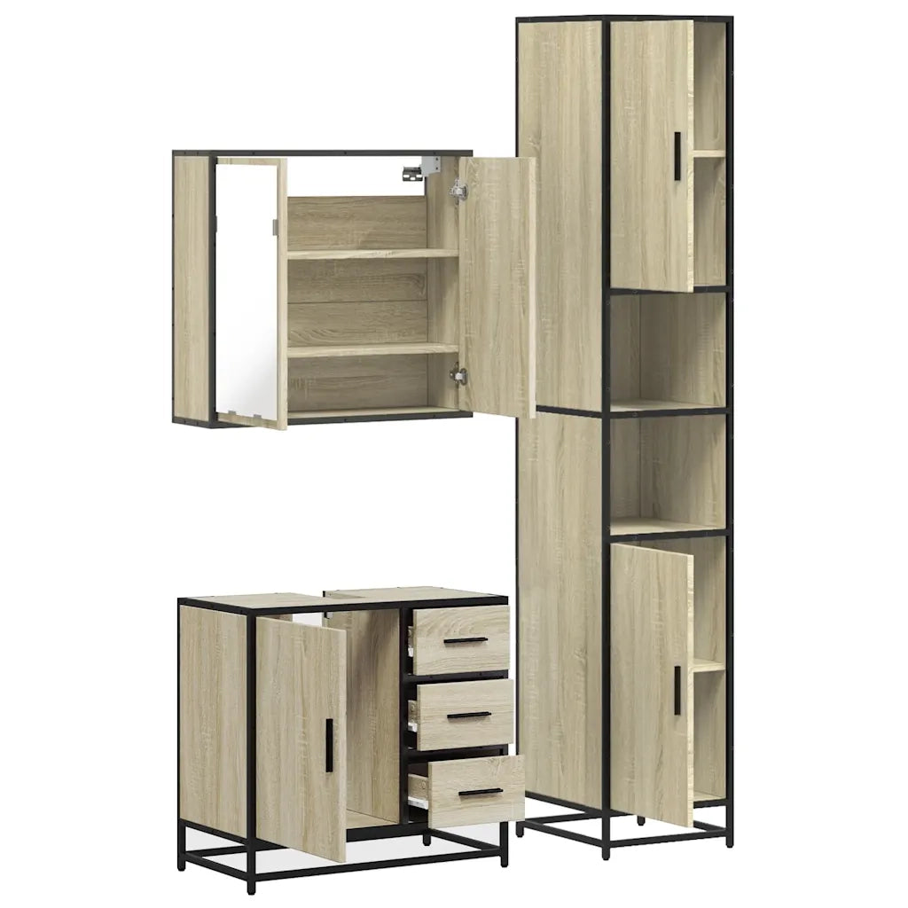Set Mobili da Bagno | Armadio da bagno 3 pz Rovere Sonoma in Legno Multistrato