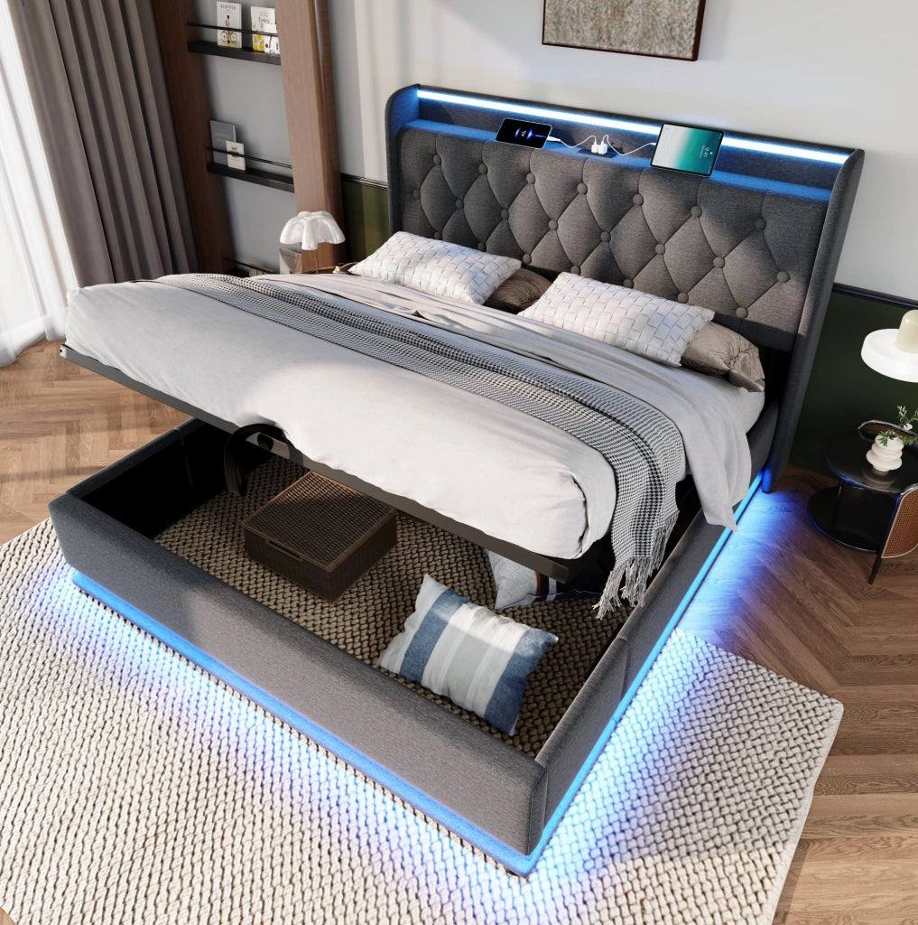 Letto matrimoniale imbottito 160x200 cm in lino grigio con LED 360掳; contenitore idraulico e USB Type-C