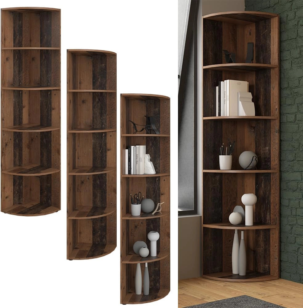 Libreria angolare da terra Ecki, Legno antico, 40 x 180 cm, per montaggio a parete con tre ripiani aperti