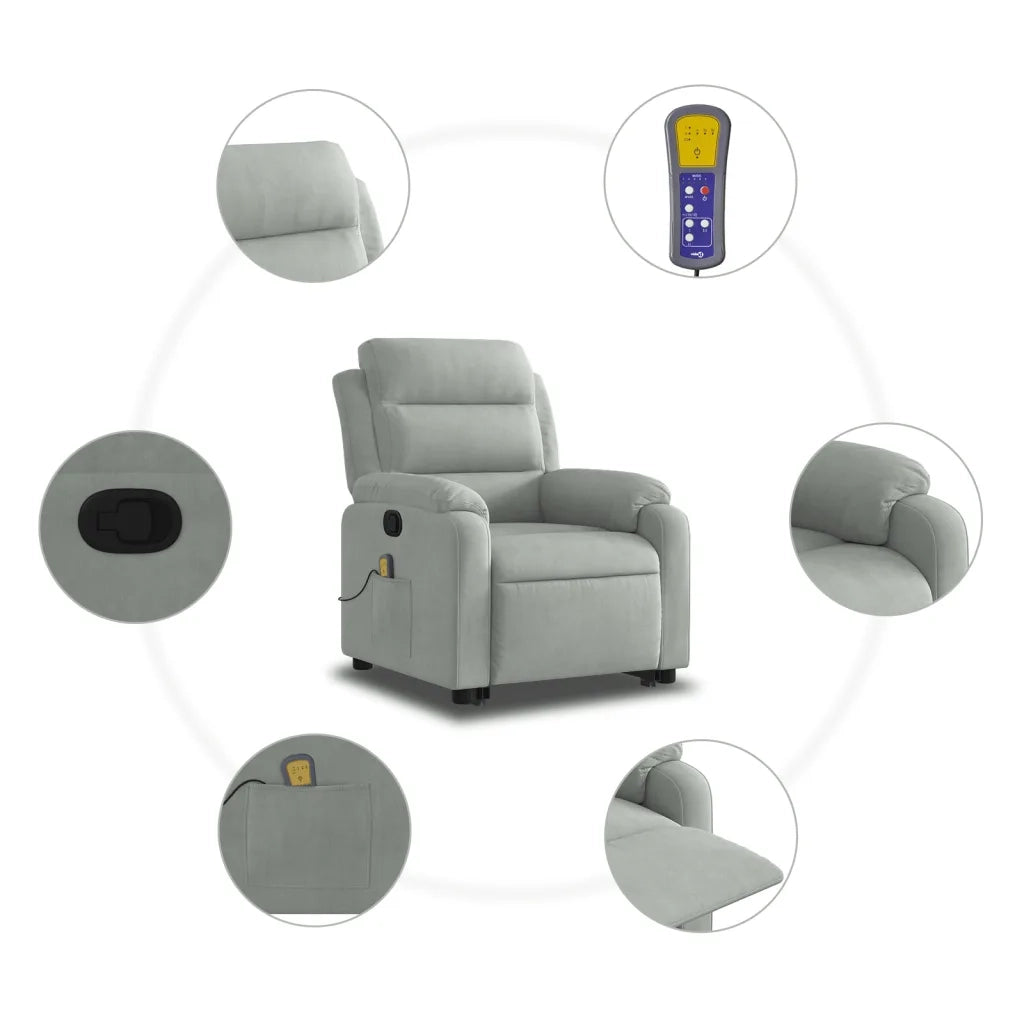 Poltrona | Sedia Relax Alzapersona Reclinabile Grigio Chiaro in Velluto
