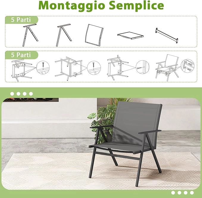 Set di 2 Sedie da Giardino, Poltrone da Esterno con Tessuto a Rete Traspirante e Struttura in Metallo, Portata 160 kg, Sedie da Terrazzo per Veranda, Balcone e Campeggio