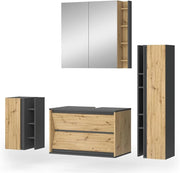 Set di mobili da bagno Edelin, Antracite/Artisan, 80 cm, composto da mobile sottolavabo, specchiera, armadio medio e pensile
