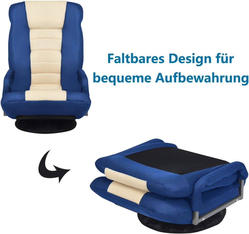 Poltrona da Pavimento, Pieghevole e Girevole, Reclinabile a 5 Livelli, Imbottita da Spugna, Portata di 150 kg, Ideale per Salotto e Ufficio, 55x87x75 cm, 2 Colori Disponibili (Blu)