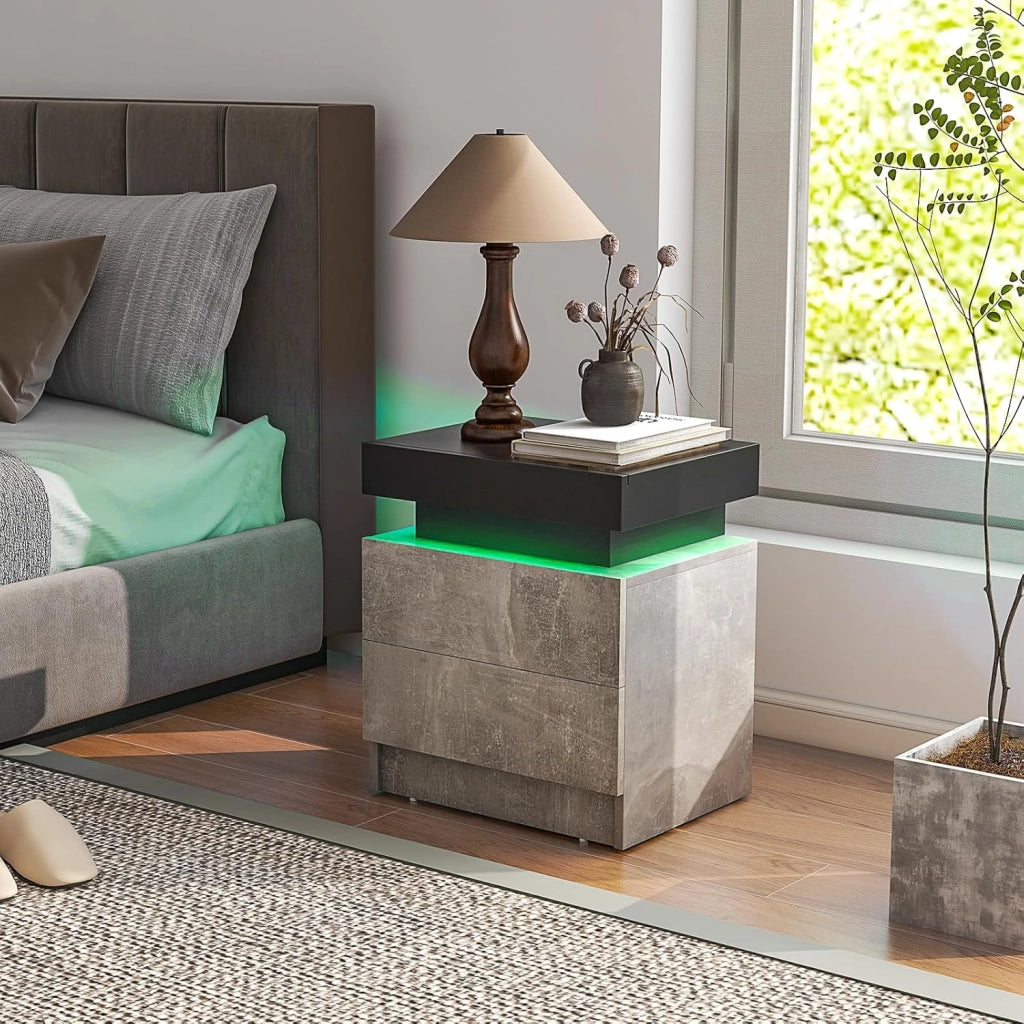 Tavolino da Salotto con 2 Cassetti e Luci a LED, Tavolino Moderno con Finitura Lucida Effetto Marmo, Comodino per Camera da Letto e Soggiorno, 45 x 35 x 52 cm (Grigio)