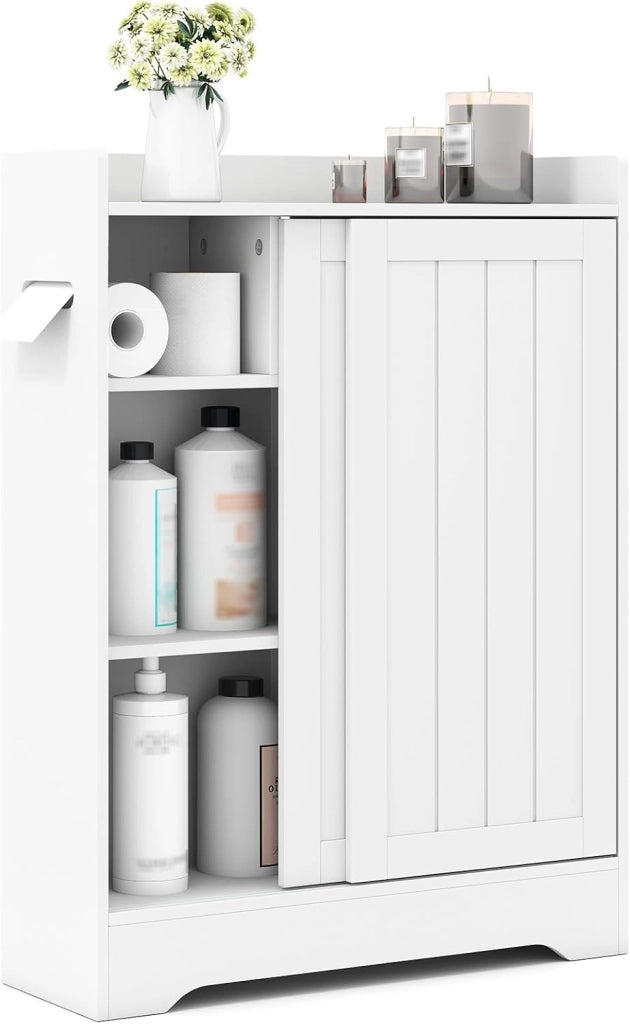 Mobile da Bagno, Armadietto Sottile con Porta Carta Igienica, Scomparto per Spazzolino e Ripiani Regolabili Accanto al WC, Armadio con Porta Scorrevole per Spazi Ridotti (Bianco)