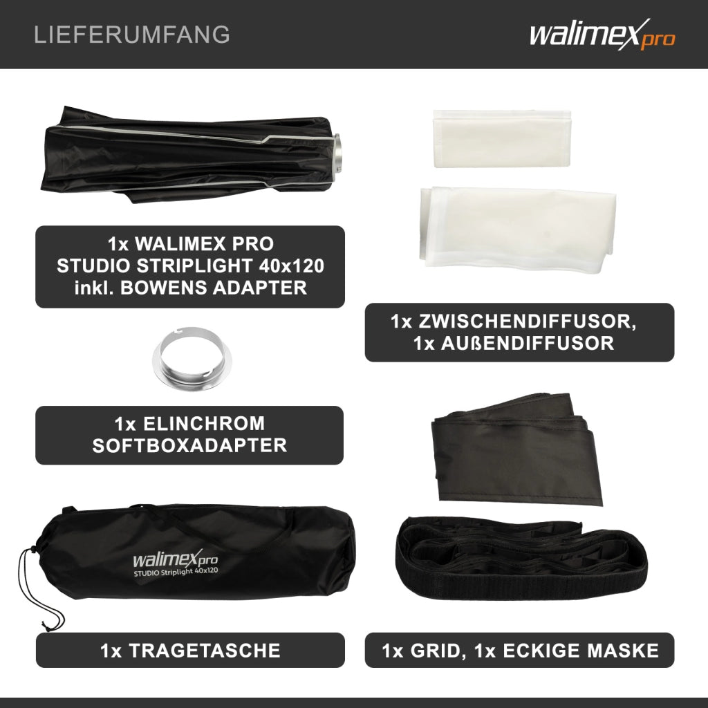 Studio Striplight Softbox 40x120cm + adattatore softbox per Elinchrom (diametro esterno: 15,2 cm), ruotabile a 360°, facile da montare grazie alla funzione ombrello, include griglia,