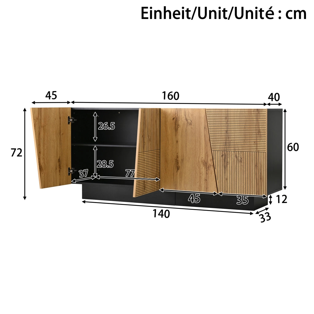 OKWISH Credenza Moderna con Ripiano Regolabile, per Soggiorno, Sala da Pranzo o Ingresso, PB, Nero e Legno, 160 x 40 x 72 cm