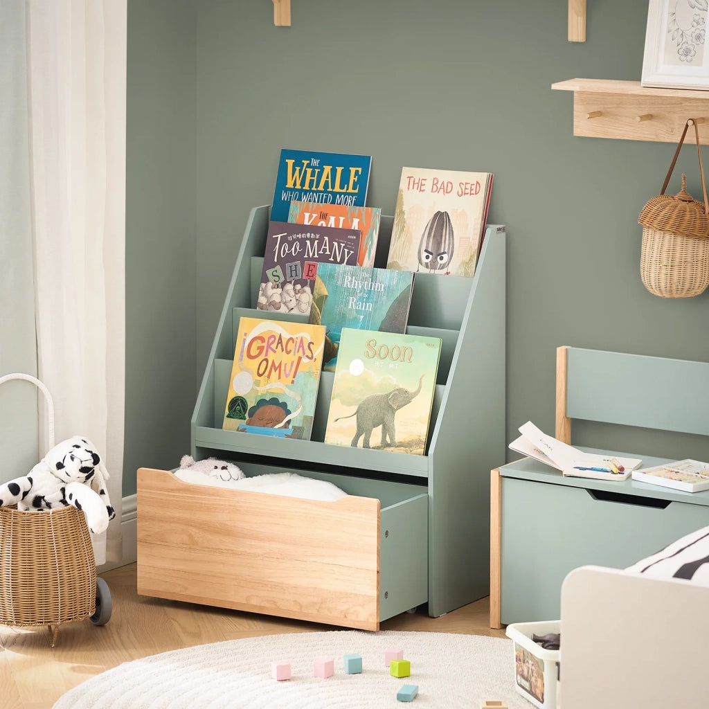 Libreria montessoriana per bambini Scaffale portagiochi con contenitore Portariviste Verde 62x30x80cm KMB95-GR