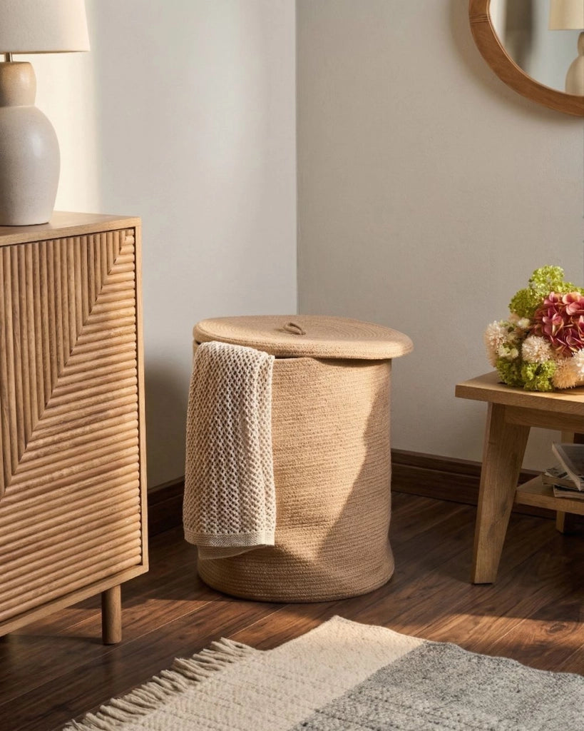 Cesto portaoggetti in cotone beige con coperchio, cesto per la biancheria, accessori in stile boho