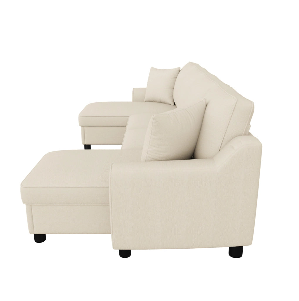 Divano a U 2 posti in ciniglia beige con doppia chaise longue contenitore e cuscini inclusi
