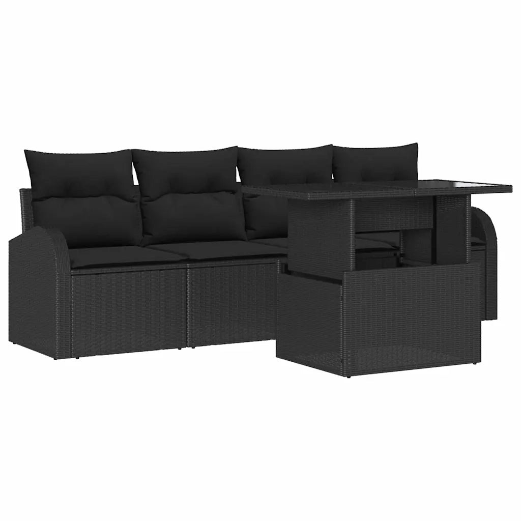 Set Divano da Giardino con cuscino 5 pcs Nero Poly Rattan