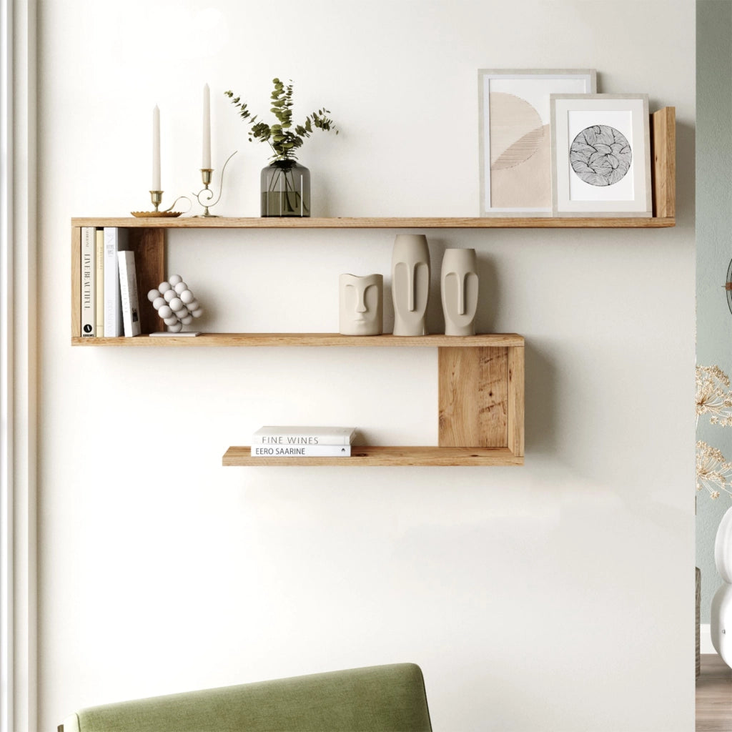 Mensola da Parete Kitee con 3 Ripiani Libreria Pensile a S - Effetto Rovere Rustico [en.casa]