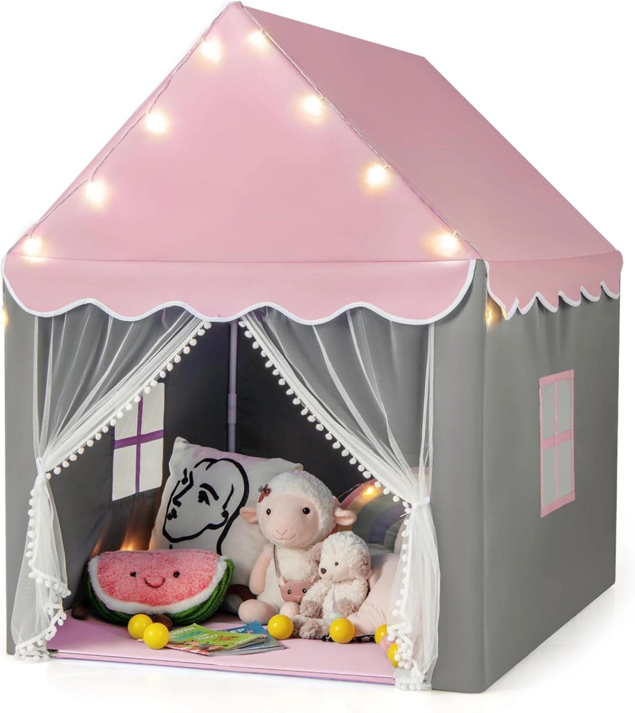 Tenda da Gioco per Bambini, Tenda Castello con Tappetino Lavabile, Luci a Forma di Stella, per Interno ed Esterno, 105 x 121 x 136 cm (Stile 2 Rosa)