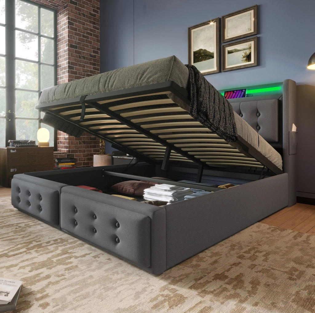 Letto imbottito 180x200 cm grigio con LED, presa USB-C e vano contenitore