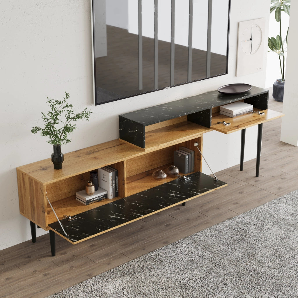 Mobile TV con 3 Ripiani Aperti; Bordo in PVC; Gambe in Ferro; Effetto Marmo e Venatura Legno; in MDF; Legno Naturale
