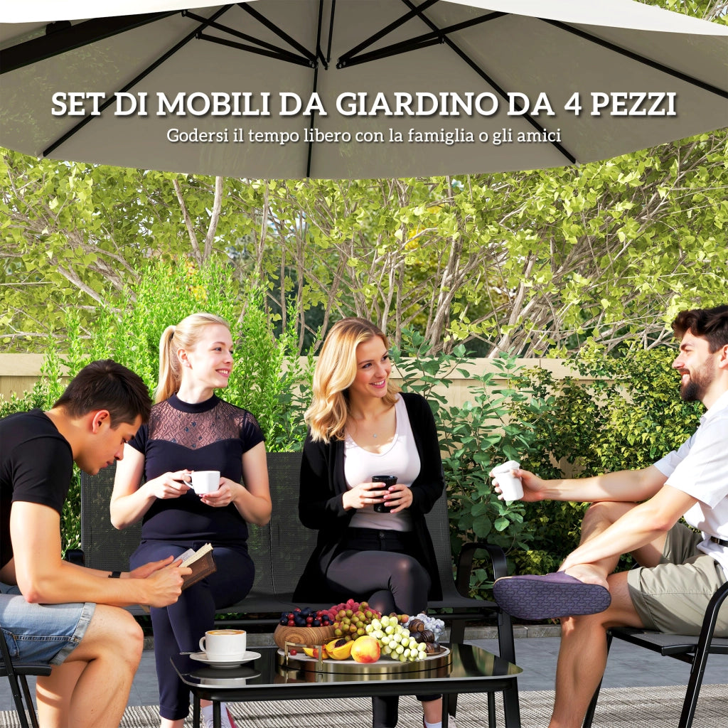 Set da Giardino con Divano 2 Poltrone Impilabili e Tavolino in Vetro Nero