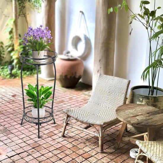 Reclamo a due livelli per piante in metallo - supporto per piante per decorazione indoor/outdoor - altezza e larghezza 68 x 30 cm - metallo sostenitore del supporto per piante per angolo in giardino - nero
