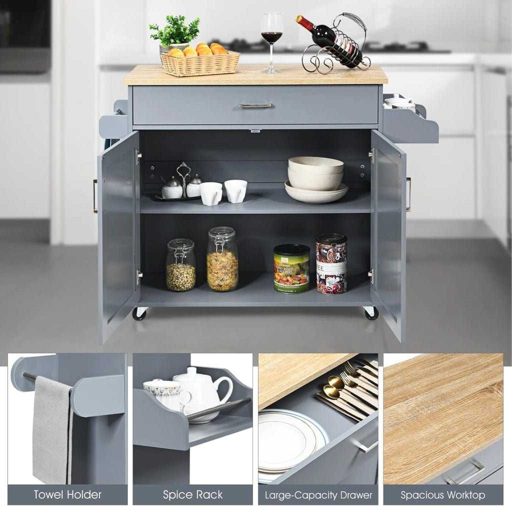 Carrello da Cucina, Credenza Mobile con Cassetto, Anta Doppia, Portaspezie e Portasciugamano, Ripiani Regolabili, Ruote con Freni, Portata di 50 kg, 116x40x85 cm, 4 Colori (grigio)