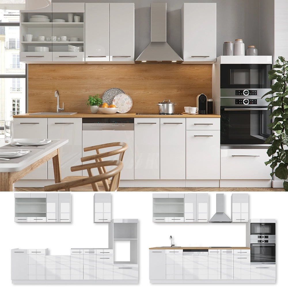 Cucina componibile Fame-Line Bianco lucido/Bianco 300 cm con armadio alto, PL Antracite Vicco