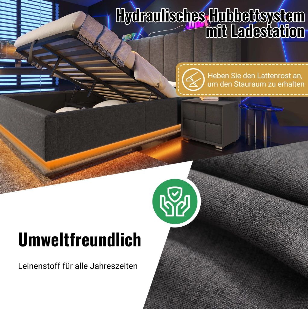 Letto matrimoniale contenitore 180x200 cm con LED, USB e USB-C