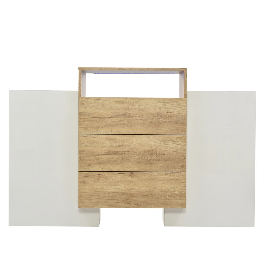 Credenza moderna in MDF bianco lucido e legno con LED multicolore, 140x30x77,5 cm