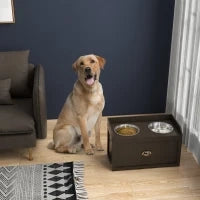 Ciotole per Cani Rialzate in Acciaio Inox e Legno con Cassetto, 60x30x36cm, Marrone