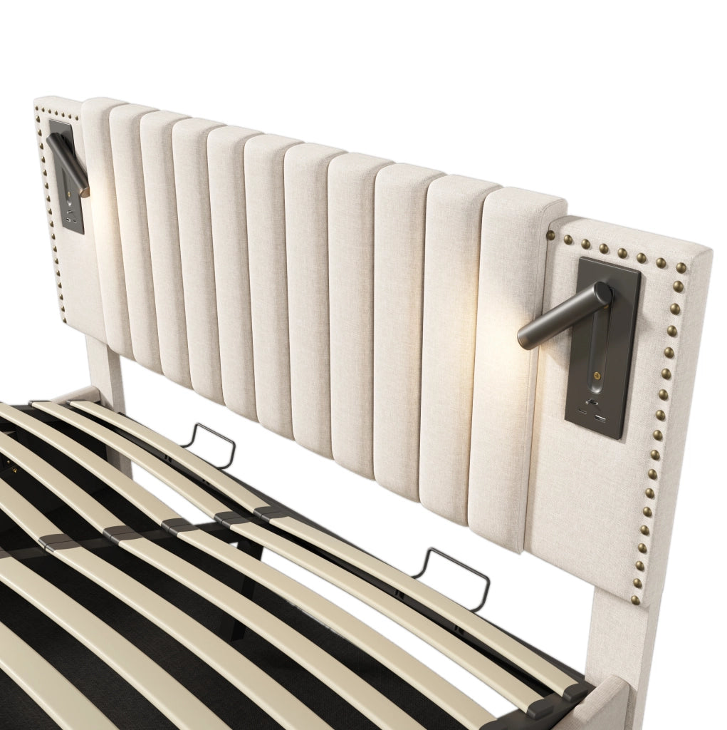 Letto matrimoniale contenitore 140x200 cm in cotone beige con testiera regolabile; luci lettura e USB