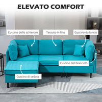 Divano Componibile a L con Braccioli e Poggiapiedi 222x154.5x71 cm in Tessuto Effetto Lino Blu e Nero