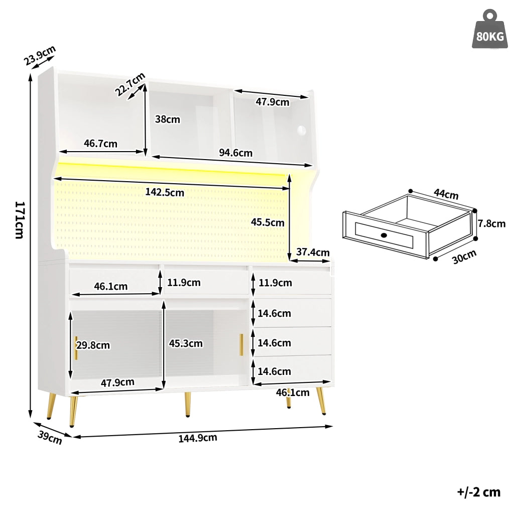Credenza Alta con Ante Scorrevoli e LED con controllo da applicazione; in MDF e Vetro; 145 x 39 x 171 cm; Bianco