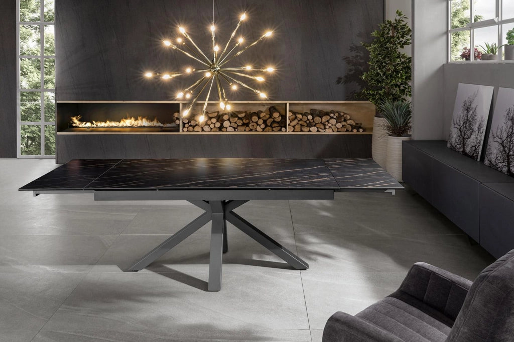 Tavolo Allungabile 160/240x90x76 cm in Metallo con Top Ceramica su Vetro Marmo Nero
