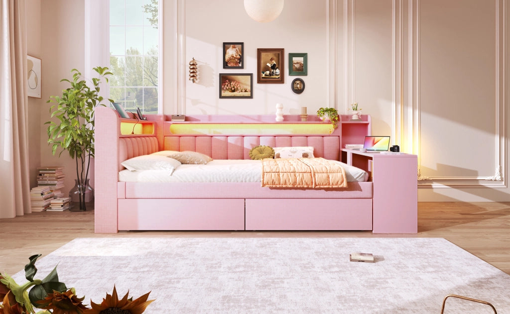 DESMIU Letto Divano 140 × 200 cm 2 posti con USB, LED, scrivania e 2 cassetti senza materasso, in MDF, rosa