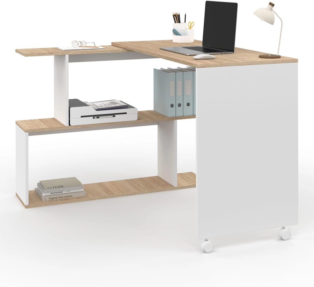 JOY Scrivania angolare girevole a 180° Scaffale a S in legno effetto faggio e bianco