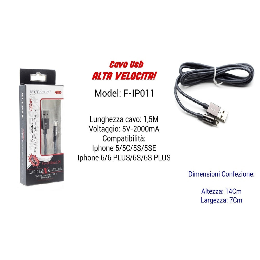 Trade Shop - Cavo Filo Usb Veloce Ricarica Per Iphone 5volt - 2000ma 1,50mt Maxtech F-ip011 -
