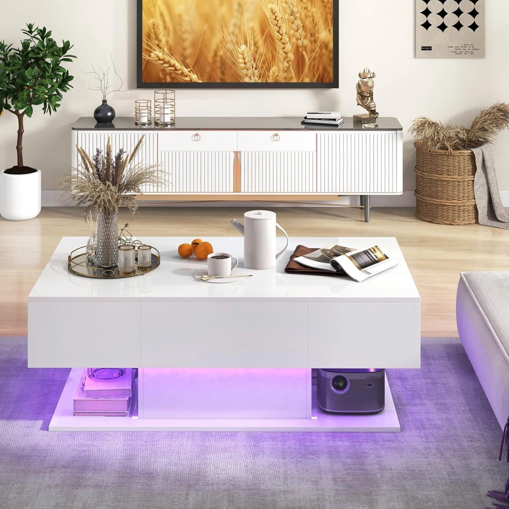 Tavolino da Caffè Moderno, Tavolino a 2 Piani con 20 Luci LED a Colori, 2 Cassetti Portaoggetti e Finitura Lucida, Tavolino Rettangolare per Salotto, Studio e Camera da Letto (Bianco)