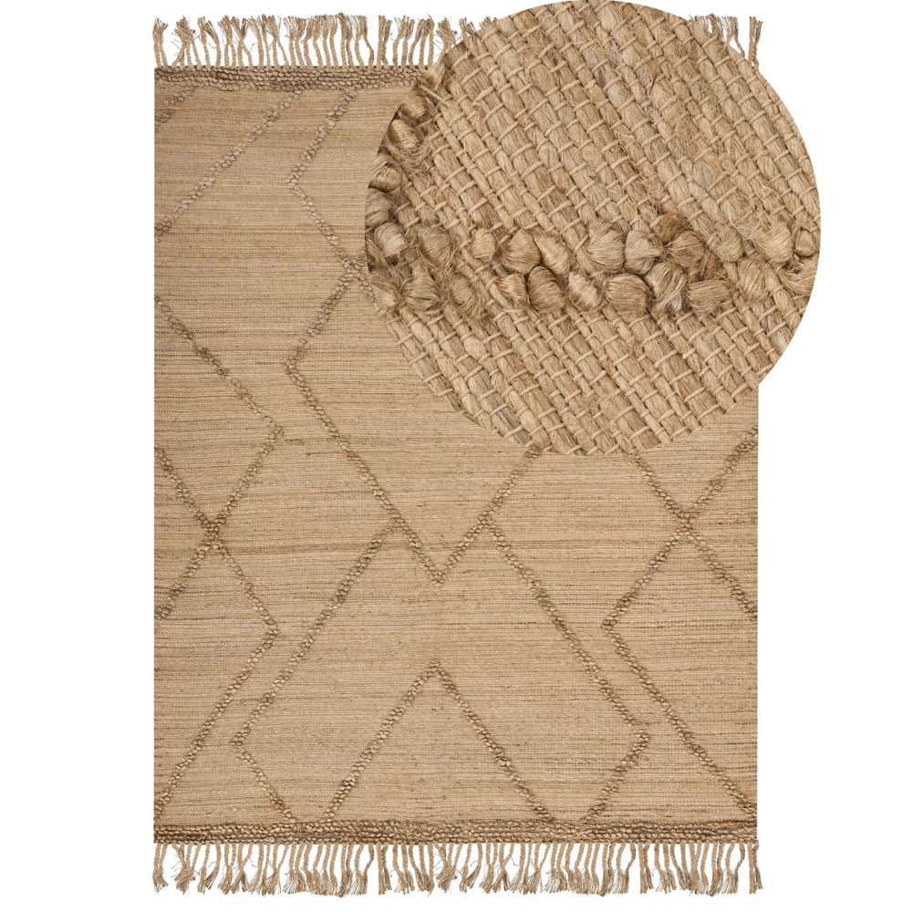 Tappeto Beige Juta 160 x 230 cm Tessuto a mano Linee geometriche con nappe Stile naturale Boho Tessile