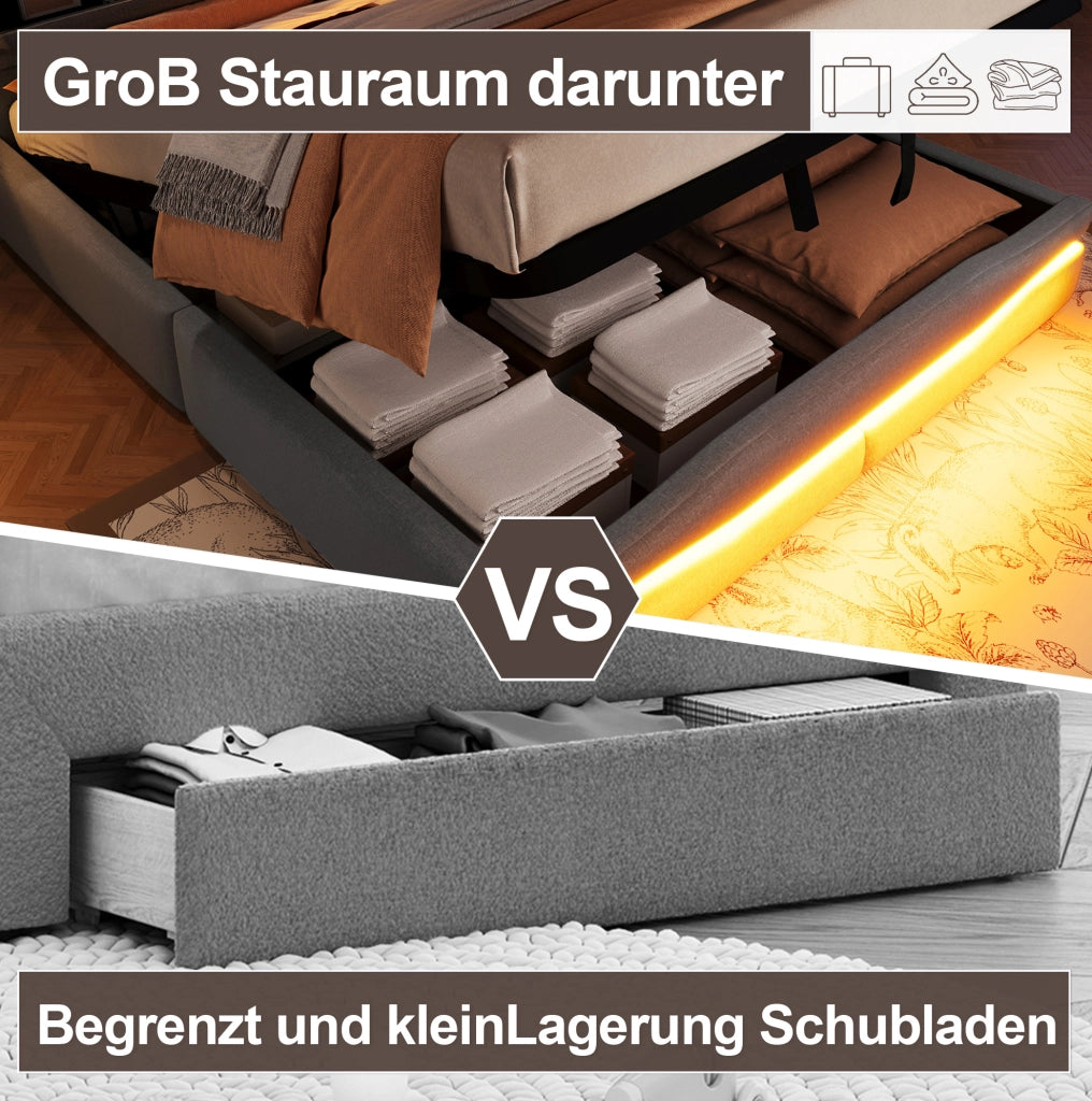 Letto imbottito 160x200 cm con contenitore idraulico, luci LED e ricarica integrata