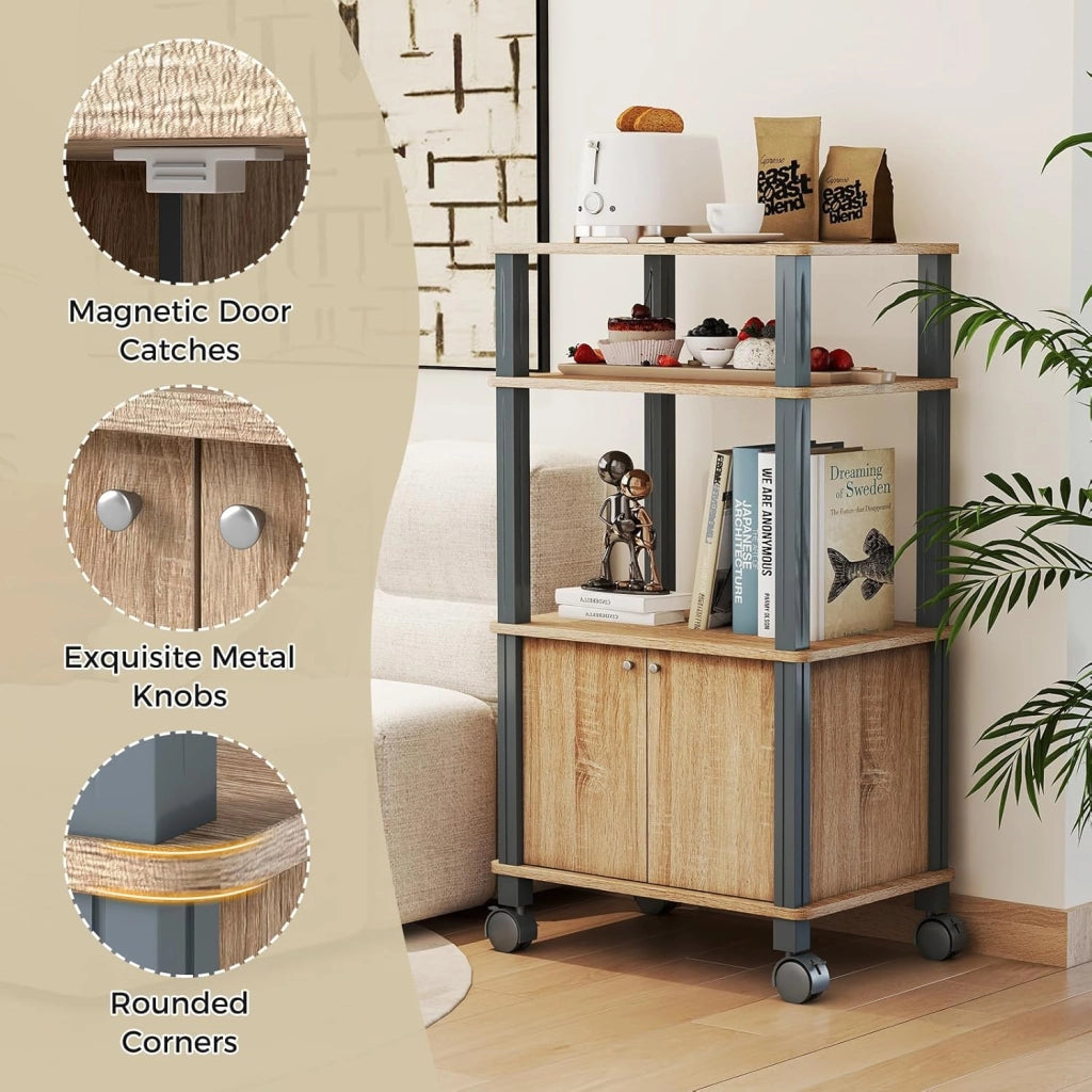 Carrello da Cucina a 3 Livelli per Microonde, Carrello Portaoggetti con Ruote e Armadio con Porta, Carrello di Servizio in Legno, Organizer per Sala da Pranzo, 60 x 40 x 98 cm (Naturale)