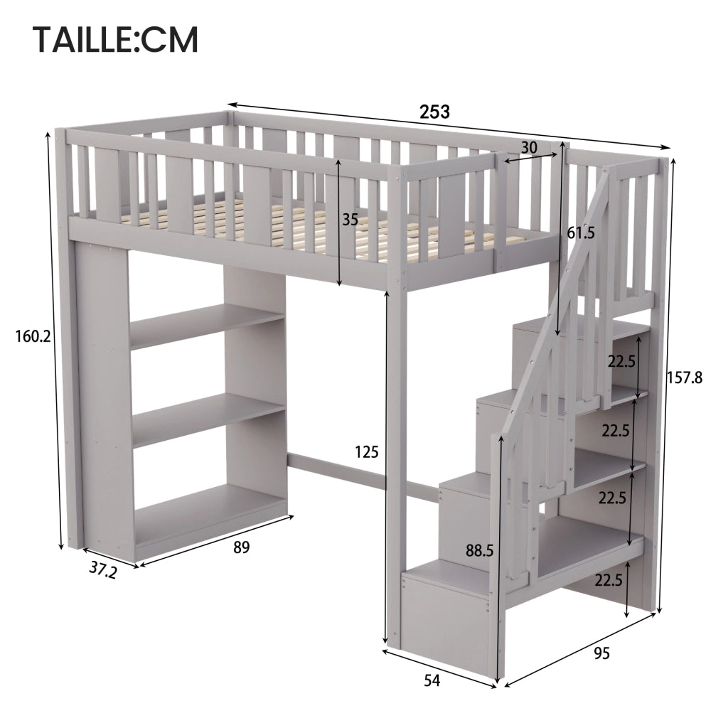 OKWISH Letto a Soppalco 90×200 cm, Letto Singolo con Scala Contenitore, 3 Scomparti e Sponda di Sicurezza, senza Materasso, Legno, Grigio
