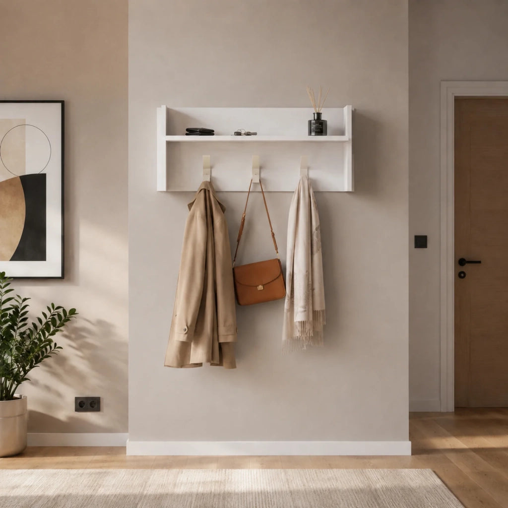 Appendiabiti da Parete Bianco con Mensola e 3 Ganci | Attaccapanni Ingresso Salvaspazio Moderno con Ripiano Portaoggetti | Organizer da Muro 90x29x34 cm